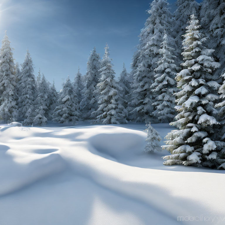 Tranquil forest scene with tall conifers under clear blue sky