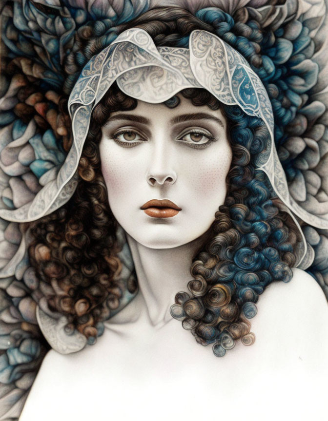 Detailed Illustration: Woman with Expressive Eyes & Intricate Headdress