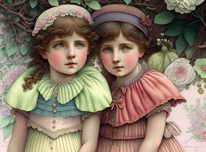 Illustrated Girls in Vintage Clothing with Floral Hats and Rosy Cheeks