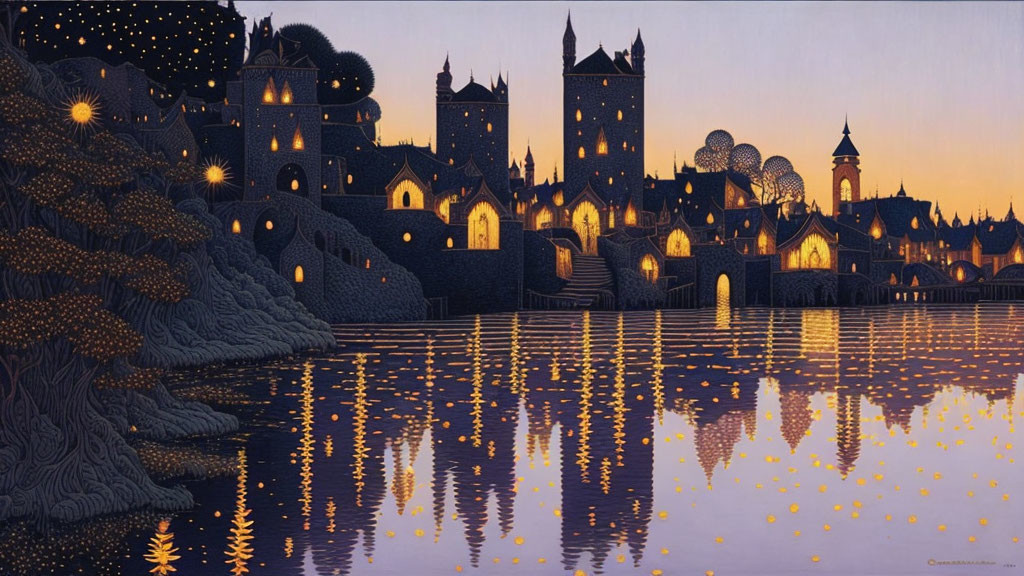 Fantasy castle at night reflected in water with starry sky