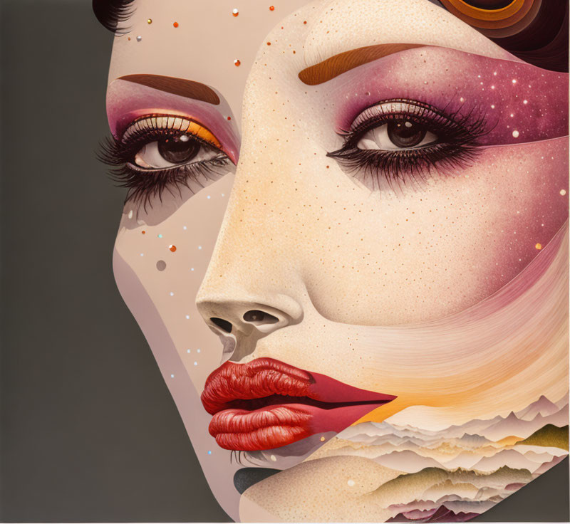 Cosmic-themed makeup portrait of a woman with starry eyes and vibrant lips