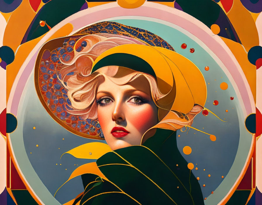 Woman with blonde hair and red lipstick in art deco style illustration