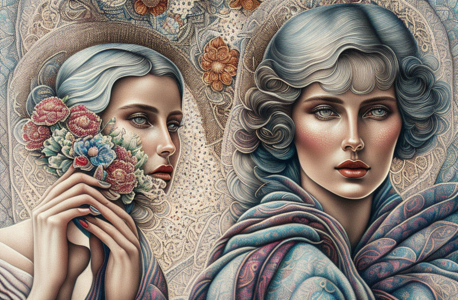 Illustrated Women with Intricate Patterns and Flowers Holding Halo Background