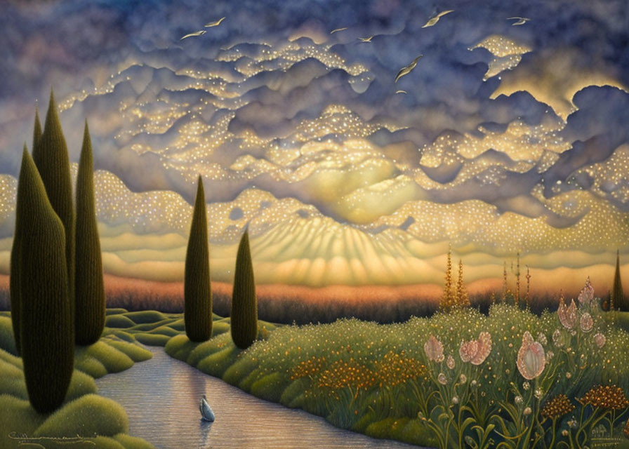 Surreal landscape with river, flower fields, cypress trees, and birds in the sky