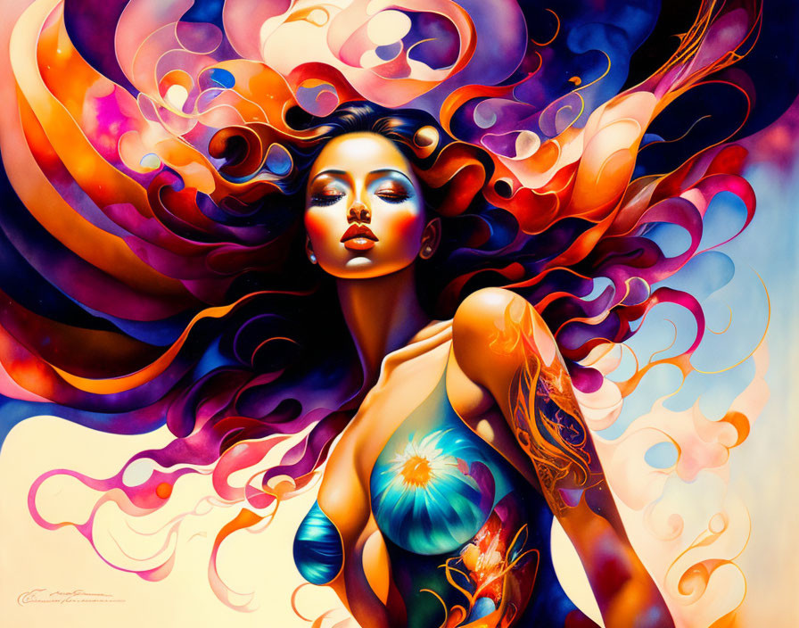 Vibrant portrait of a woman with swirling orange, blue, and purple patterns and floral shoulder design