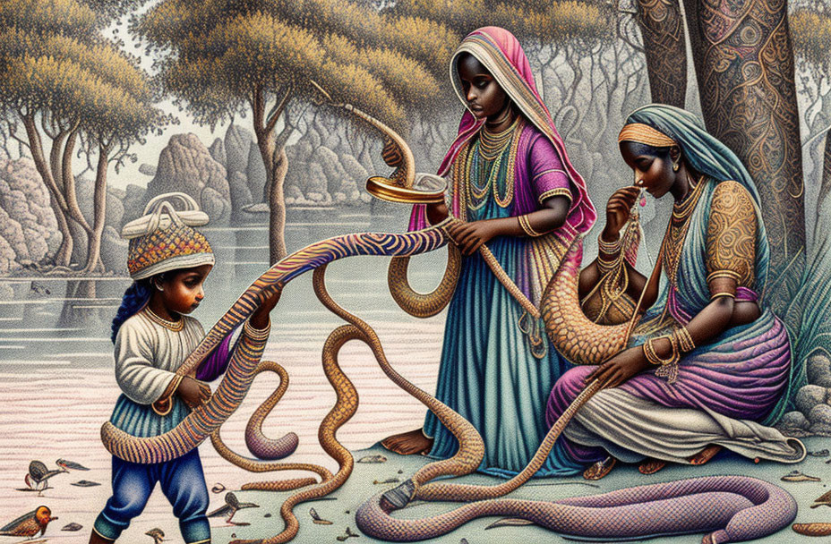 Indian figures with cobras by tranquil lake in artwork