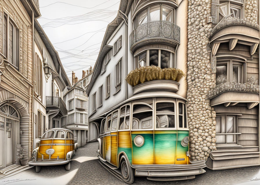 Colorful vintage tram and car on cobblestone street with intricate buildings under overcast sky