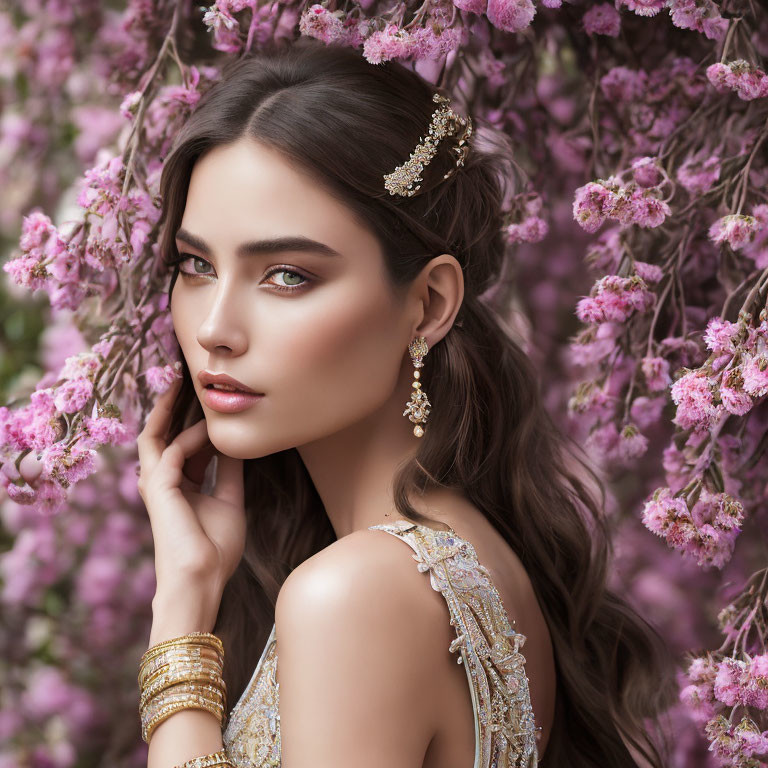 Woman with makeup and jewelry posing among pink blossoms in elegant springtime setting