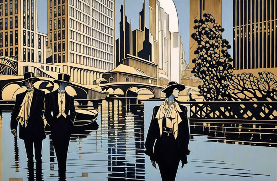 Art Deco style illustration of three people in vintage attire by urban riverfront