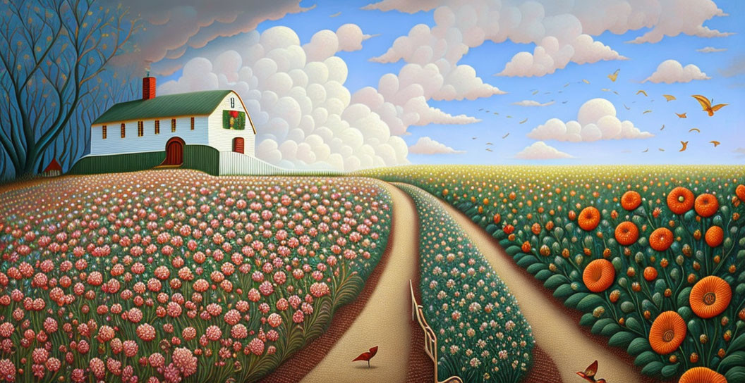 Stylized painting of rural landscape with white house and blooming fields