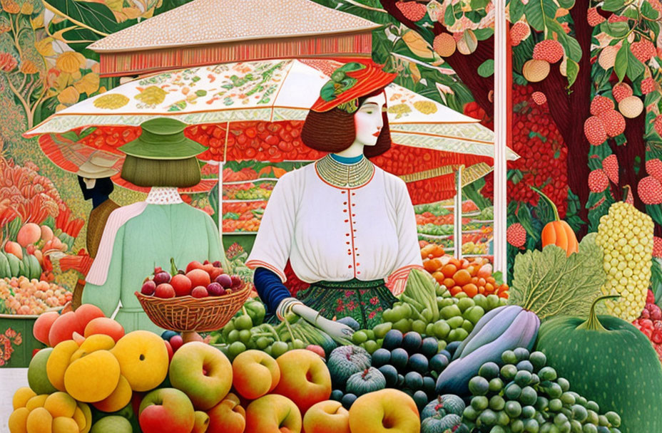 Colorful Fruit Market Illustration with Women and Parasol