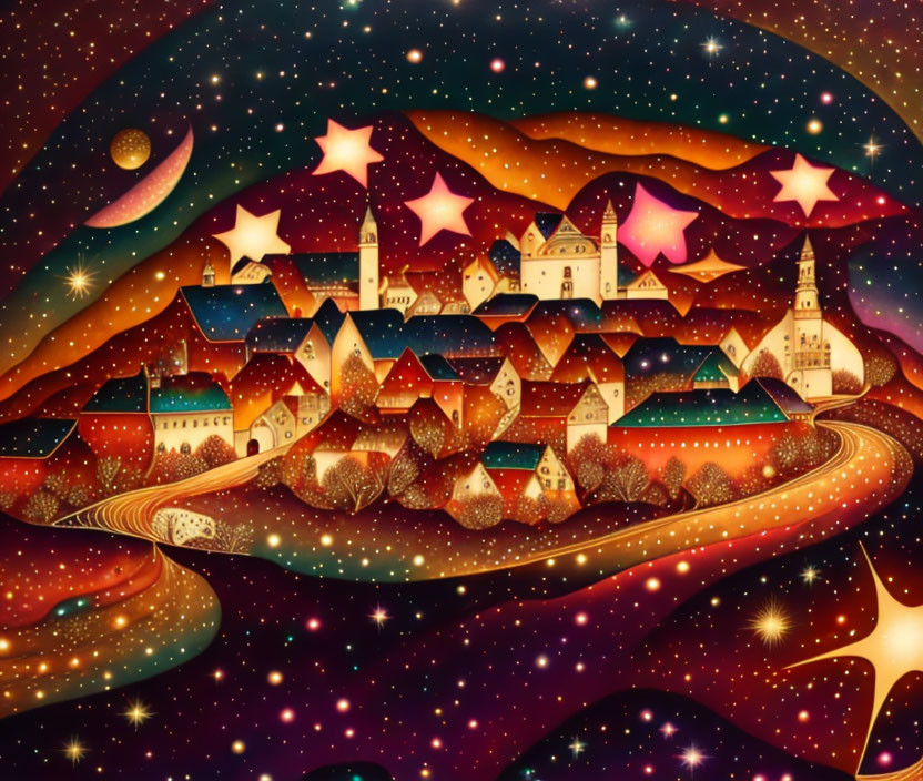 Whimsical starry night illustration of a quaint village