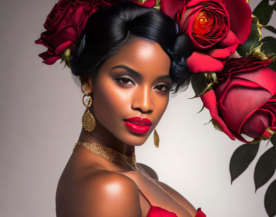 Woman with Red Lipstick, Roses in Hair, Earrings, and Necklace