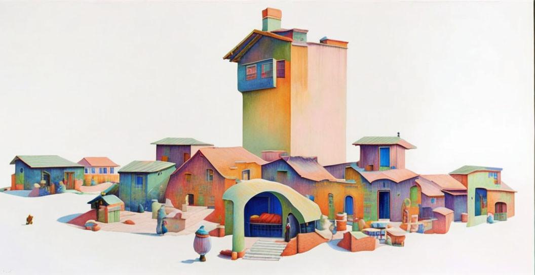 Colorful Stylized Village Painting with Distorted Perspectives