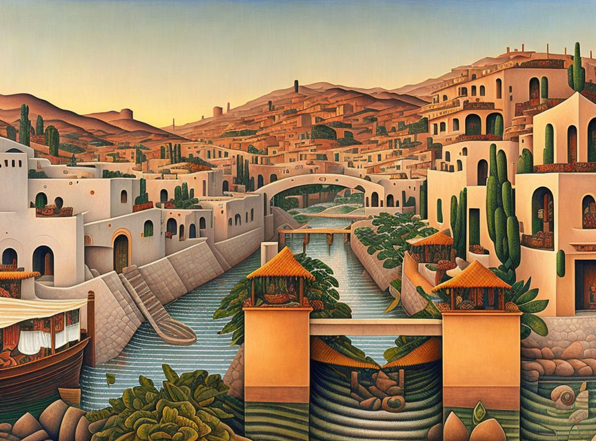 Surreal painting of Mediterranean village with terracotta houses, river, bridge, boats