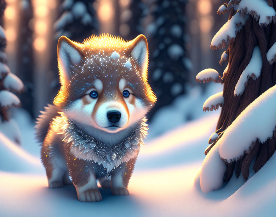 Fluffy Blue-Eyed Puppy in Snowy Forest Twilight