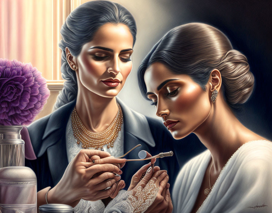 Two elegant women examining jewelry in luxurious setting