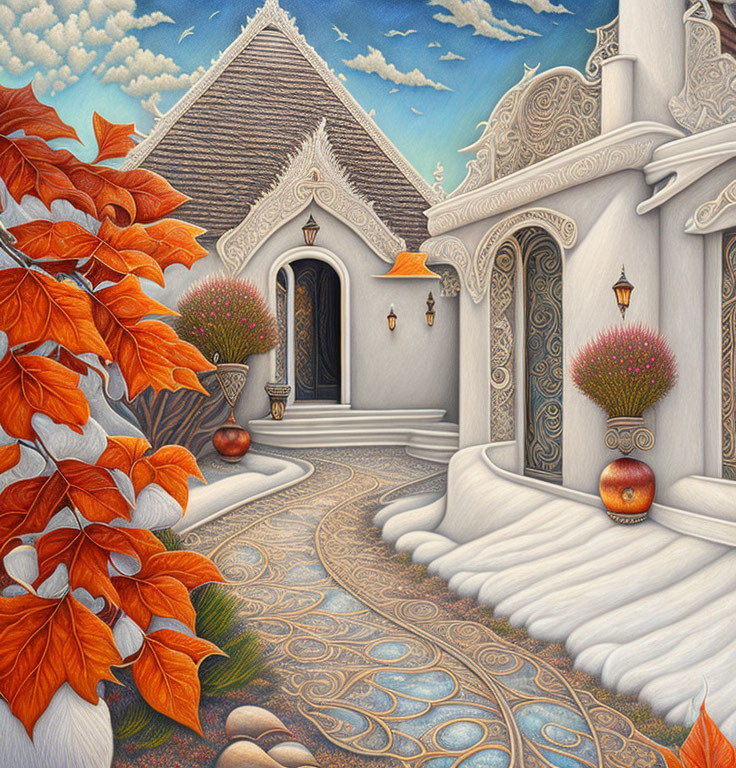 Whimsical pathway to autumn cottage with topiaries