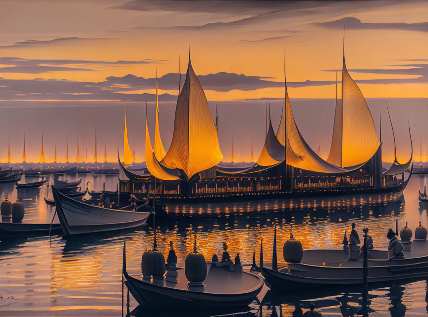 Traditional boats with golden sails and rowers silhouetted at sunset on calm waters