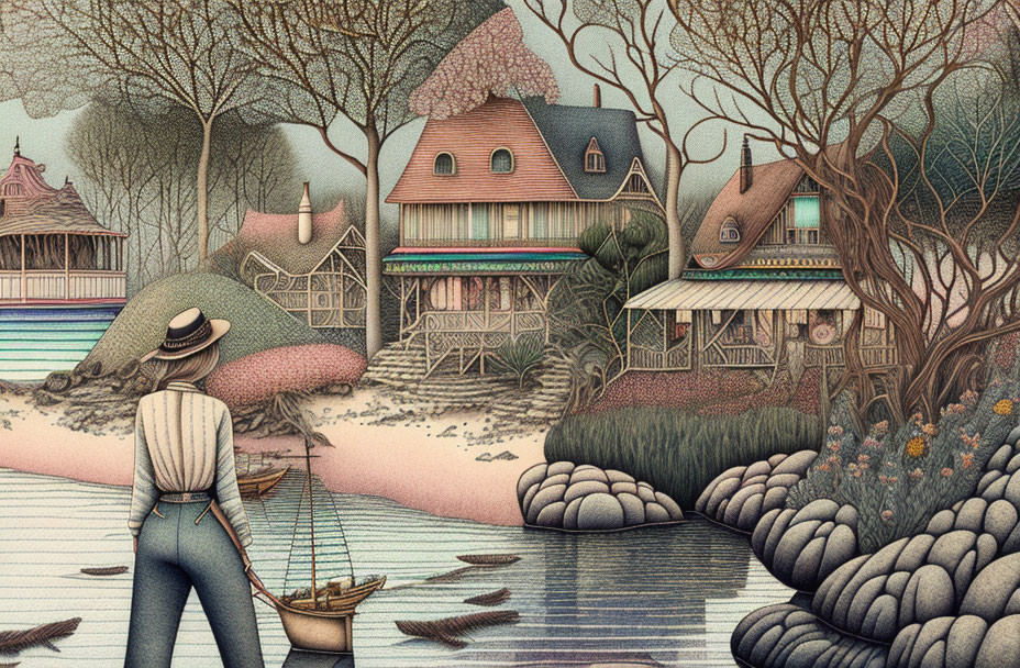 Person in hat by tranquil lakeside with quaint houses and boat