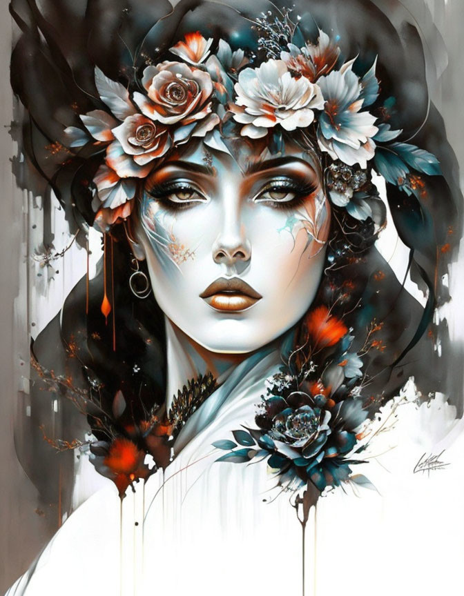 Woman with Floral Adornments in Grayscale and Red Tones