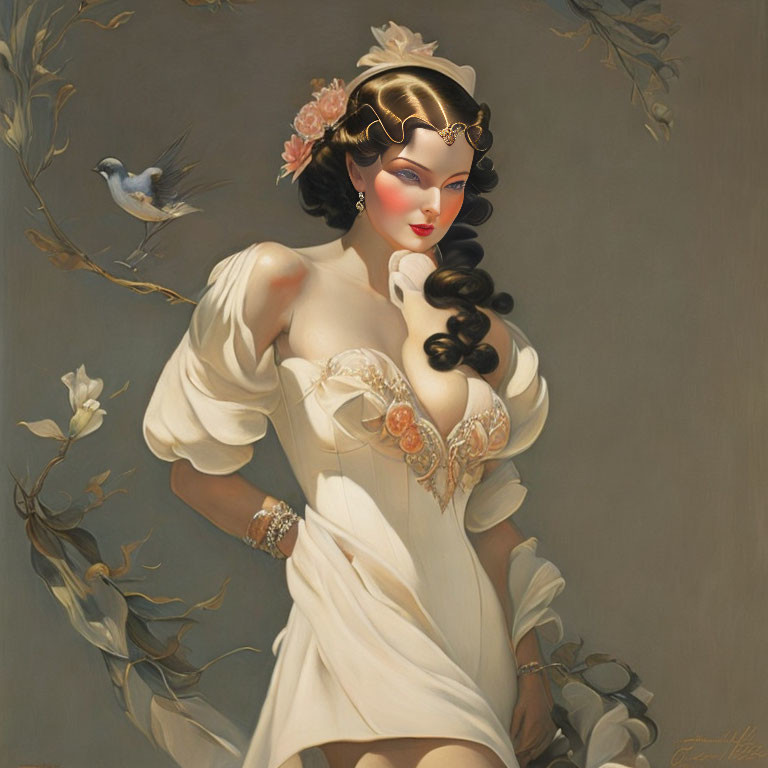 Illustration of Woman in Cream Dress with Black Hair and Bird Background