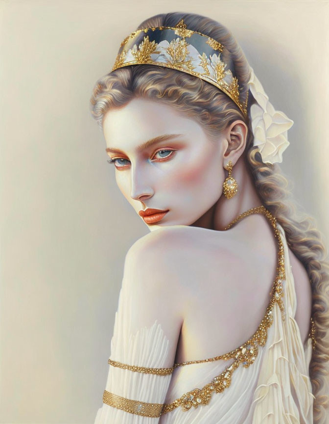 Regal woman with braided hair and golden leaf tiara in white garment