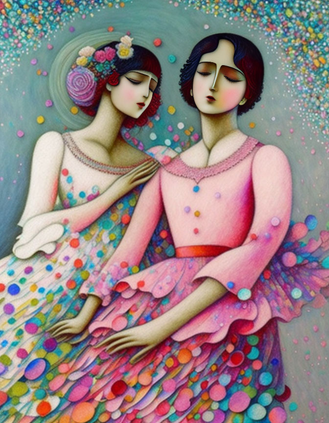 Stylized female figures connected by colorful garment on textured blue backdrop