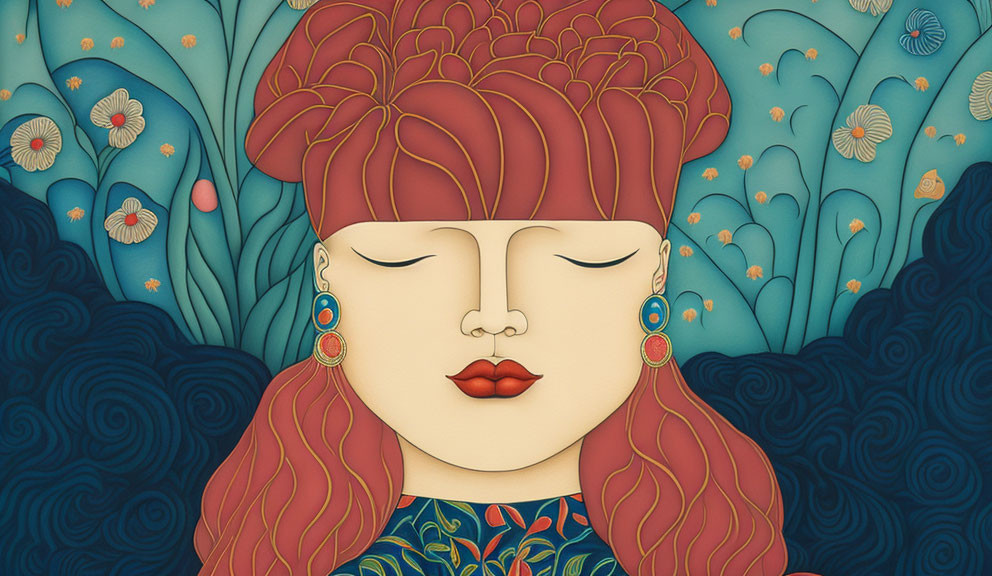 Red-haired woman with closed eyes in floral setting.