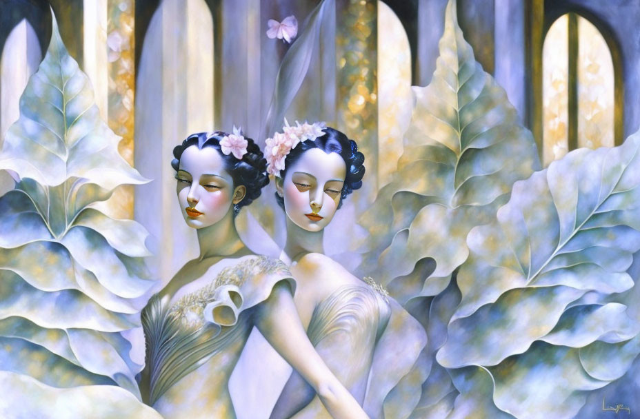 Ethereal women with flowers in hair in surreal forest setting