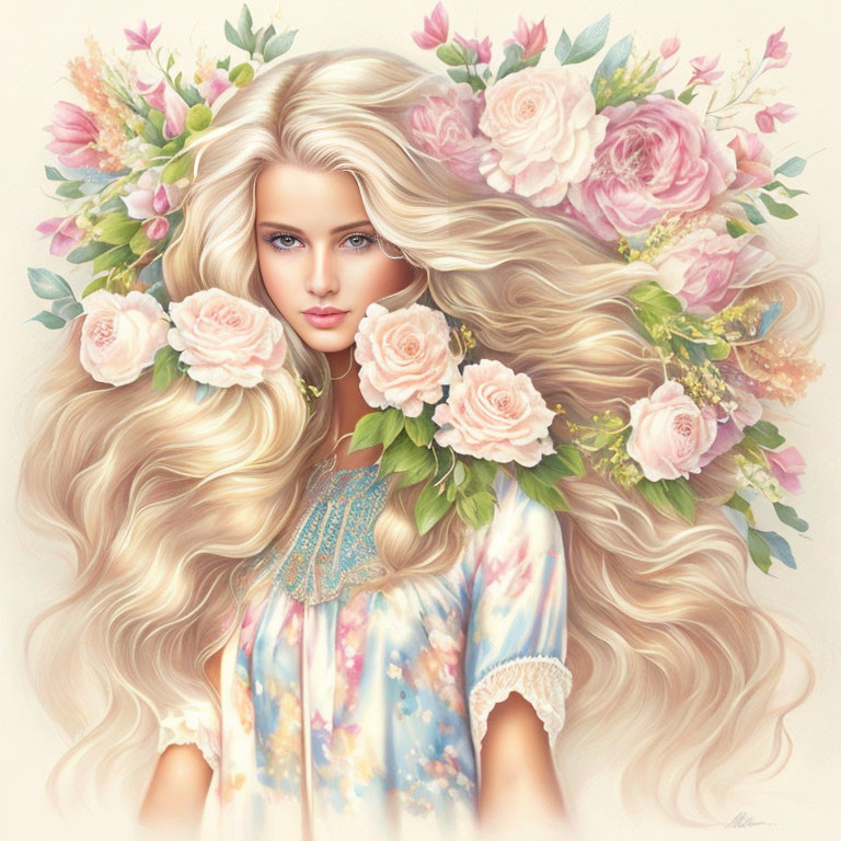 Illustration of woman with long blonde hair and floral crown in soft pastel colors