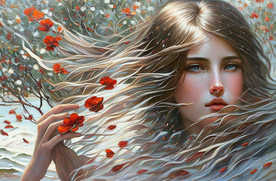 Fantastical woman with flowing hair and red flowers in floral backdrop