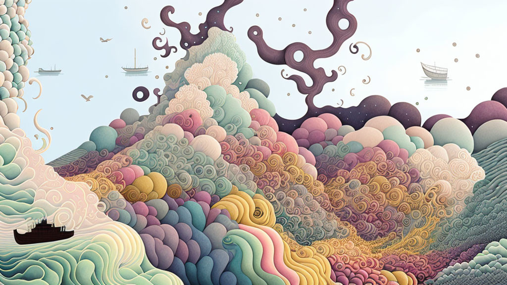 Colorful patterned waves in whimsical sea illustration