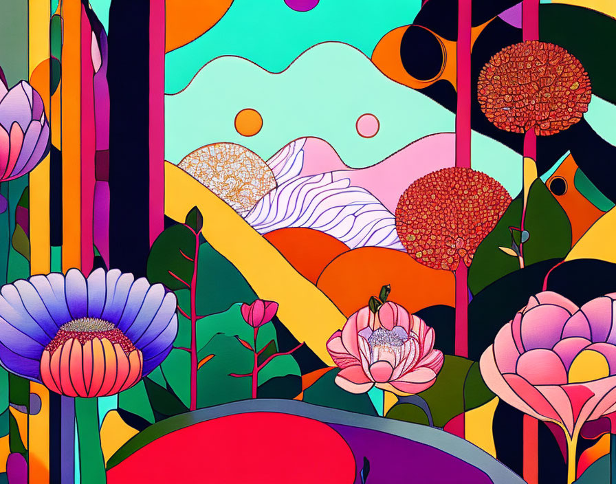 Colorful Abstract Artwork with Stylized Flowers & Dreamlike Landscape