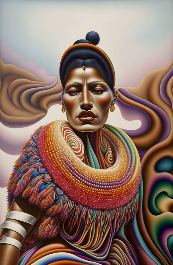 Colorful surreal portrait of a woman with stylized features and patterned clothing against abstract background.