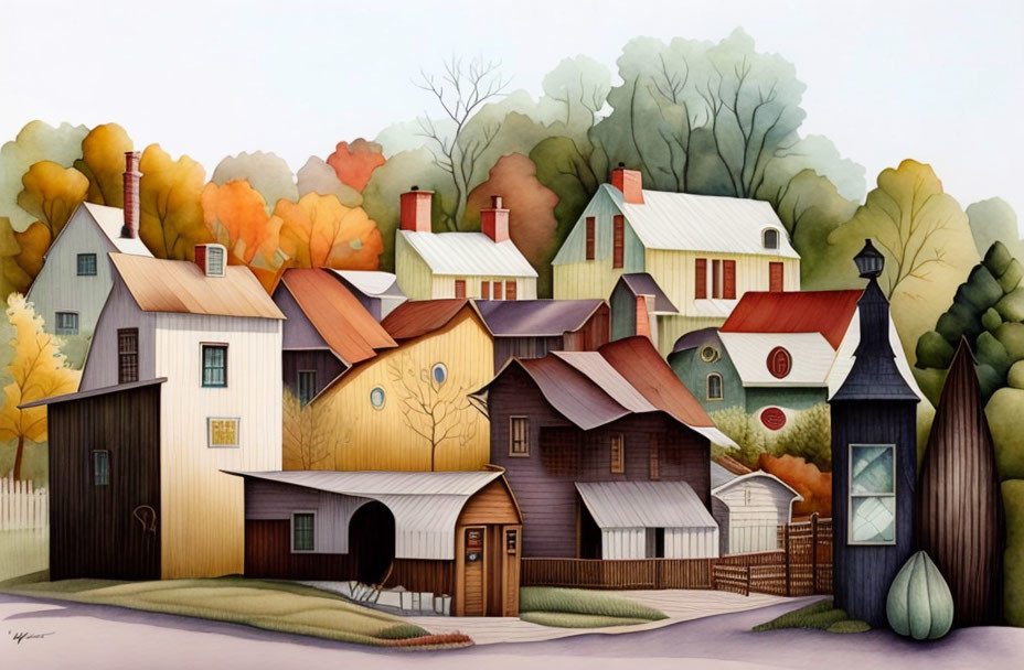 Colorful Stylized Autumnal Village Illustration