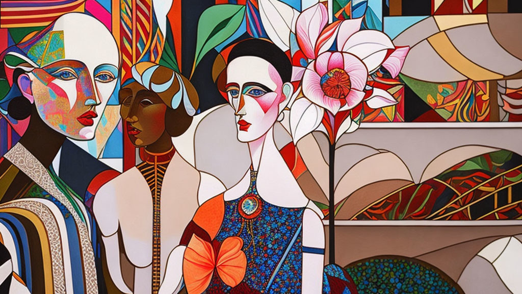 Vibrant Cubist Painting with Human Figures and Flowers