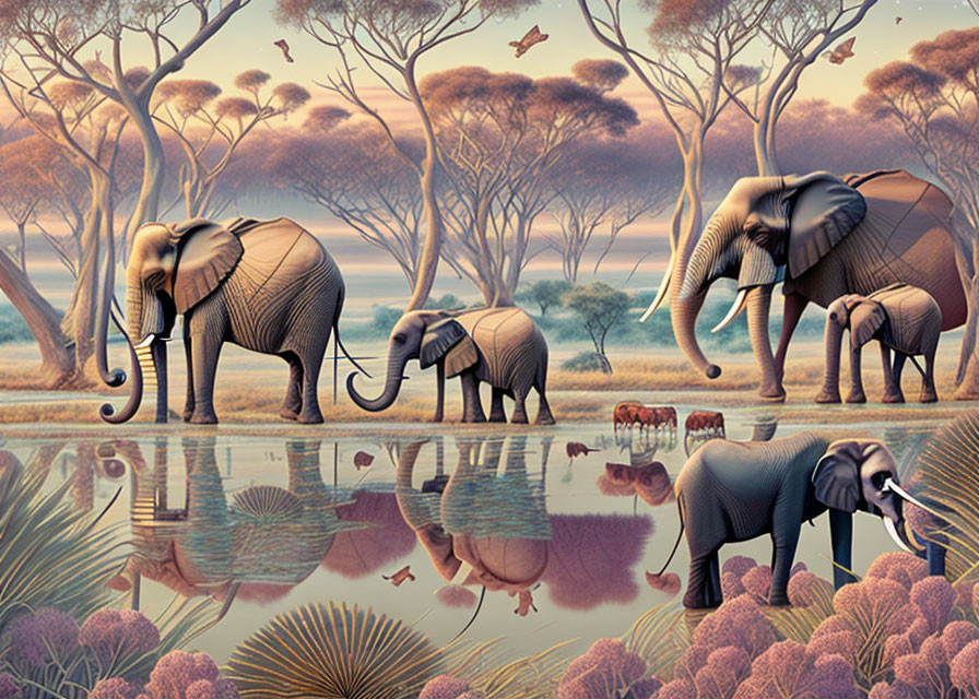 Stylized savanna landscape with elephants and water body