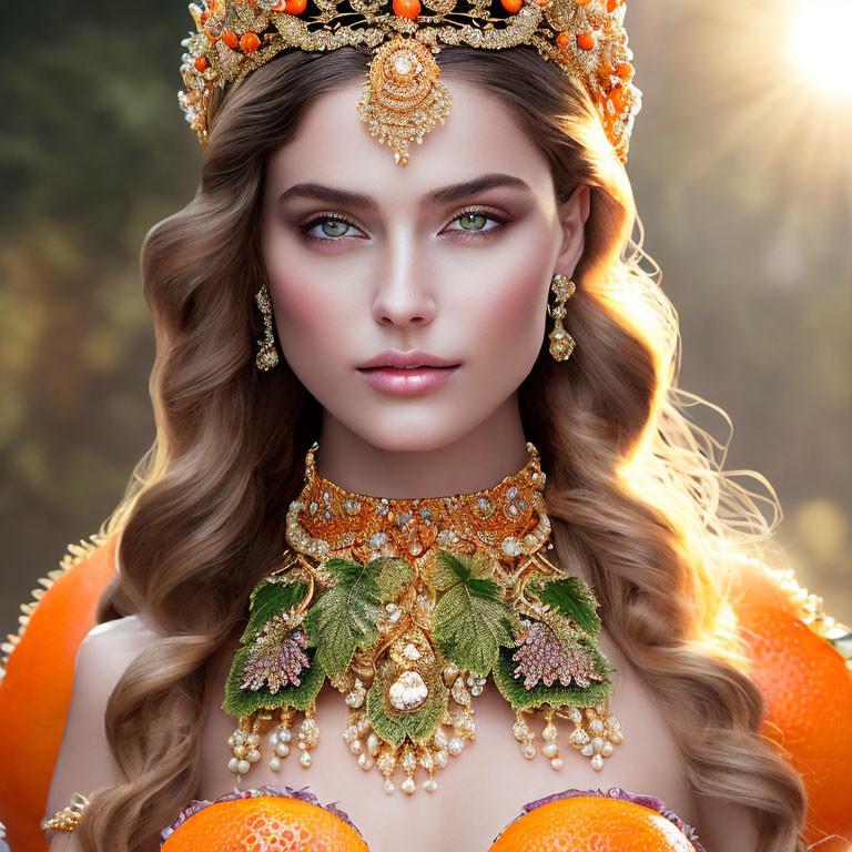 Intricate Gold Jewelry and Crown on Woman in Sunlit Setting