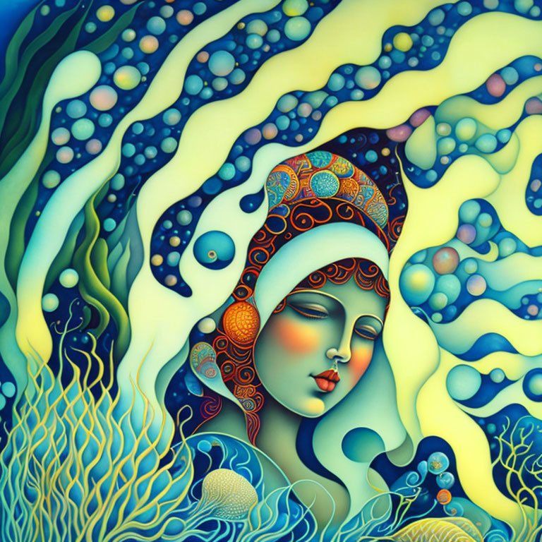 Colorful portrait fusing woman's face with ocean motifs