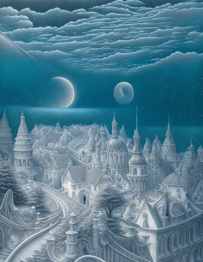 Detailed Monochromatic Fantasy Cityscape with Two Moons at Night