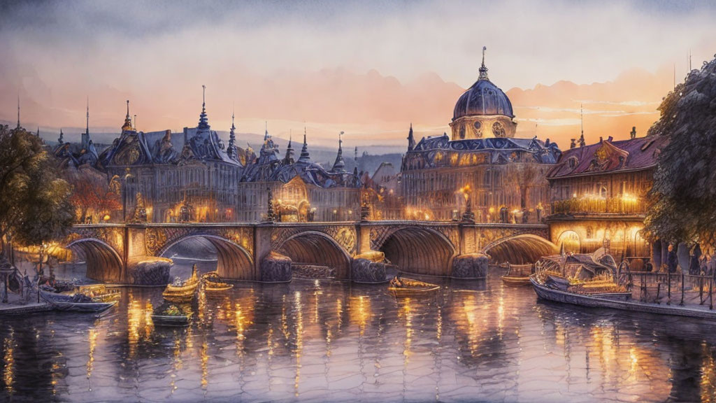 Historical stone bridge over calm river at dusk