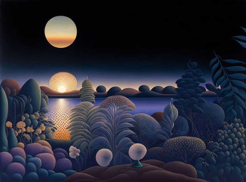 Stylized night landscape with full moon, rounded foliage, and moonlit water.