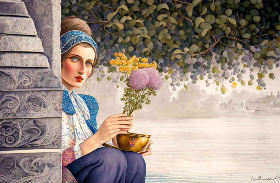 Contemplative woman with bouquet by serene lake and quaint houses