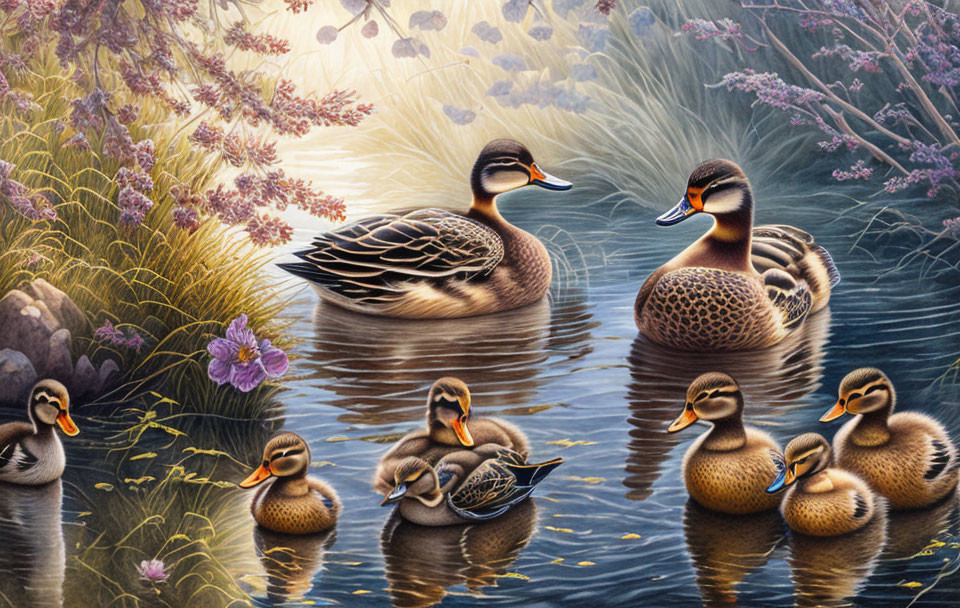 Adult and ducklings swim in tranquil pond with blooming flora