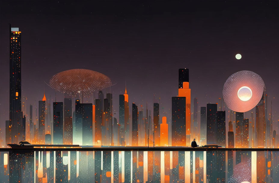 Futuristic night cityscape with skyscrapers, people by water, and glowing orbs