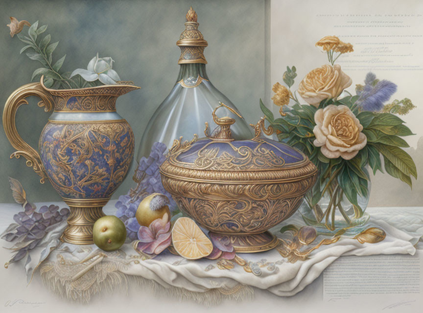 Ornate still life painting with jug, bowl, decanter, roses, fruits, lavender,