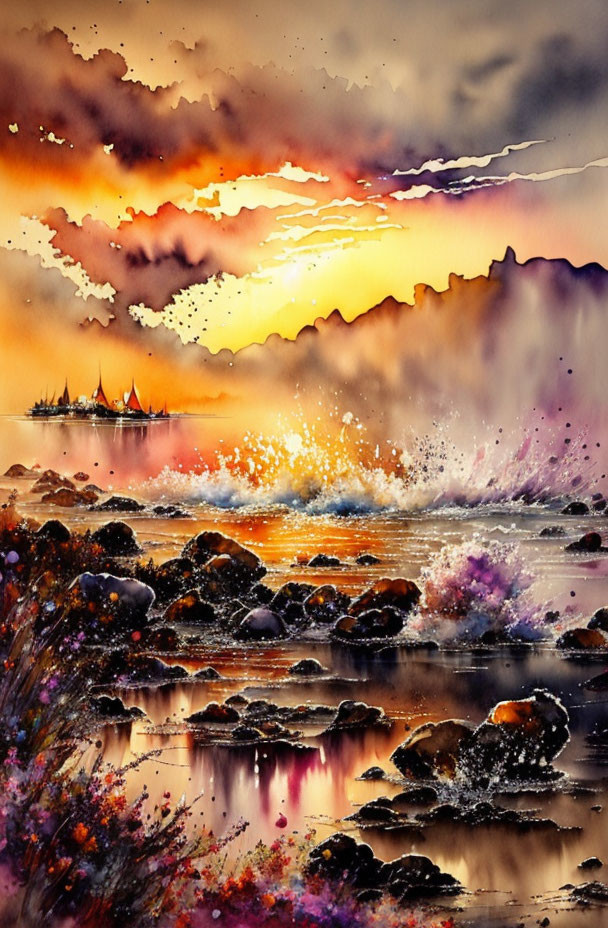 Colorful Watercolor Painting: Sunset, Orange Clouds, Rocky Sea, Sailing Boats,