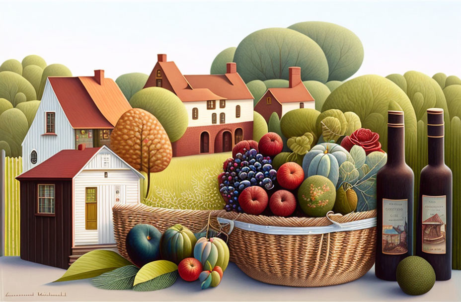 Pastoral Scene Illustration with Fruits, Vegetables, and Wine Bottles