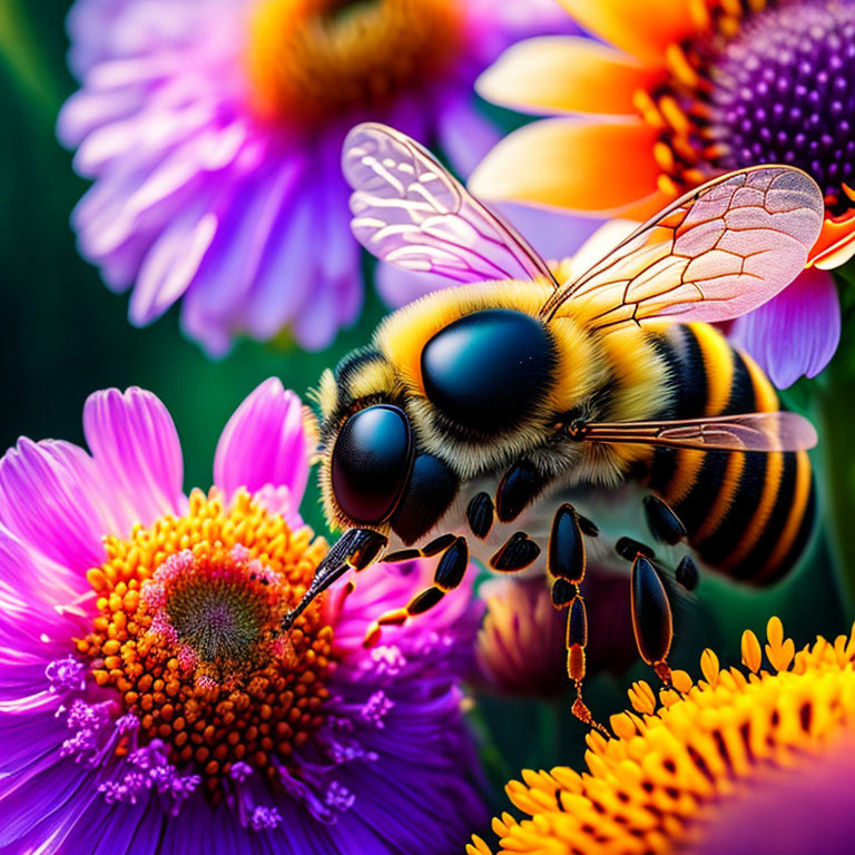 Close-up of bee pollinating purple and orange flowers